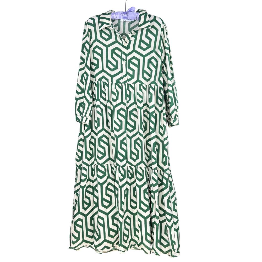 Zara Tiered Maxi Dress Size XL Geometric Print Resortwear